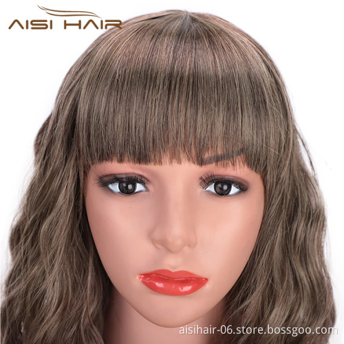 Aisi Hair Wholesale Cheap Synthetic Short Curly Wave Brown Bob Wigs With Neat Bangs Hair Wigs For Black White Women